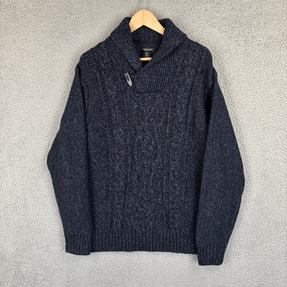 Paolo‎ Mondo Fisherman Knit Sweater Mens XL Navy Wool Blend Shawl Made Italy